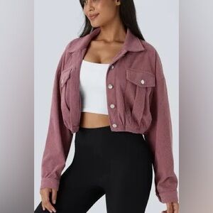Halara Cropped Corduroy Button-Front Jacket - Dusty Rose